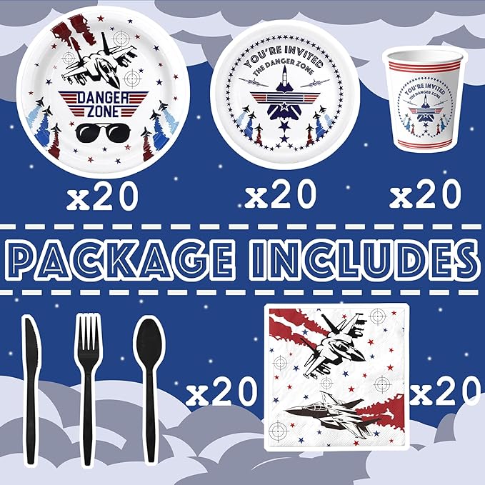 Fighter Jet Pilot Party Decorations Set - Unique Fighter Pilot Party Plates, Cups, Napkins, and Cutlery - Military Jet Party Supplies for Birthdays and Event