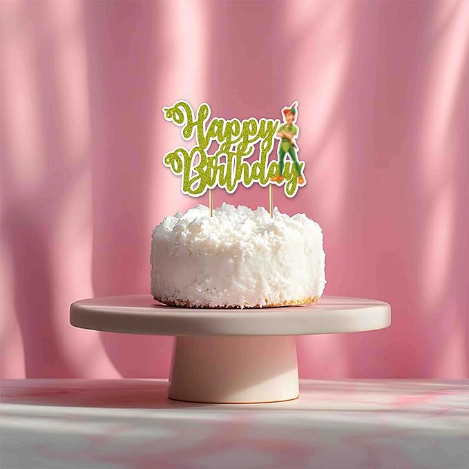 "Petr Pan Happy Birthday Cake Topper – Neverland Theme Birthday Party Supplies – Magical Green and Gold Cake Decoration with Petr Pan, Tinker Bell, and Fairy Dust Design for Boys Girls and Fans"