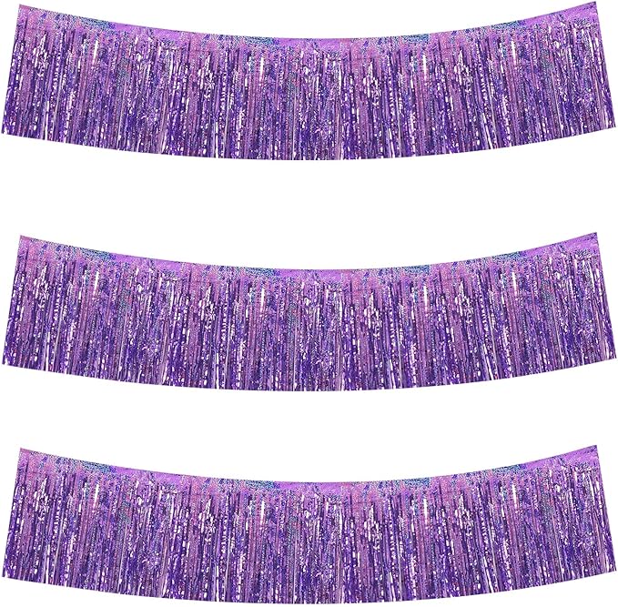 BEISHIDA 3 Packs Metallic Foil Fringe Garland Laser Light Purple Wall Hanging Tinsel Fringe Banners for Car Floats Bridal Shower Wedding Birthday Easter Graduation Holiday Party Decoration(30 Feet)