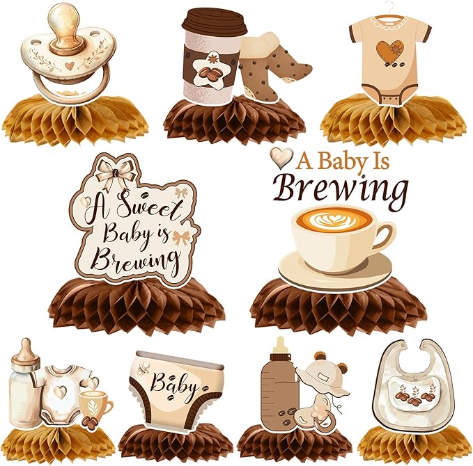Gameza a Baby is Brewing Baby Shower Decorations, 9PCS Coffee Baby Shower Party Honeycomb Centerpieces Table Decorations, Coffee Themed Gender Reveal Decor Supplies