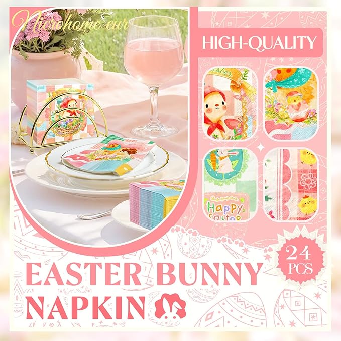Easter Napkins 24PCS, Pink Green Bunny Floral Paper Napkins, 3-Ply Disposable Happy Easter Napkins for Spring Holiday Party Baby Shower Wedding Birthday Table Napkins Decorations