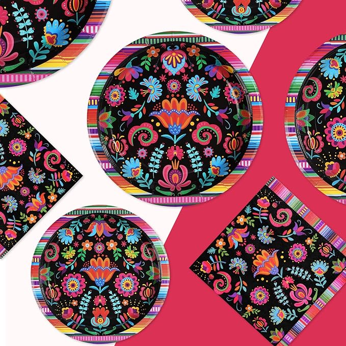 Grencian 200Pcs Mexican Party Decorations Colorful Mexico Floral Plates and Napkins Sets Mexicanos Birthday Decorations for Mayo Taco Holiday Wedding Ponchos Party Supplies Serves 50