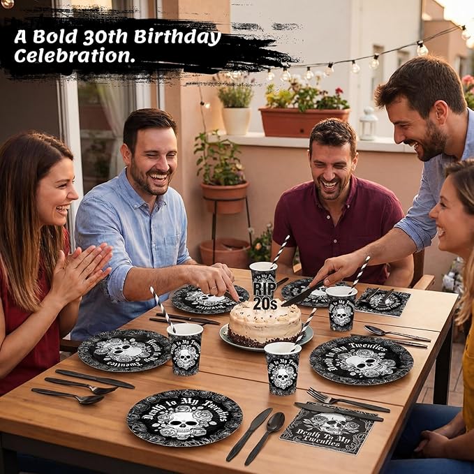 450 Pcs Death to My 20s Tableware Set Black White 30th Birthday Party Decorations Rip to My 20s Paper Plates Napkins Cups Cutlery Straws for Funeral Youth Birthday Supplies, Serves 50