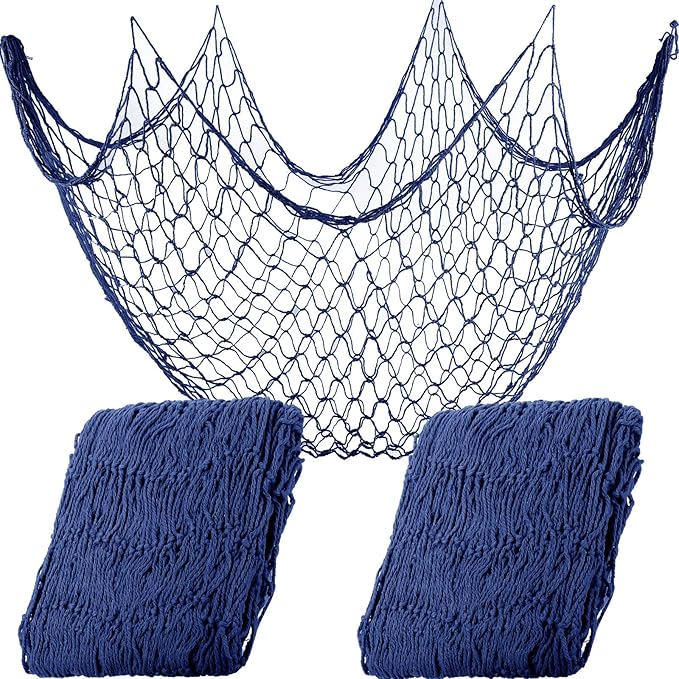 Shappy 2 Pcs Fish Net Decorative 80 x 40 Inch, Wall Hanging Fishnet for Mermaid, Pirate, Nautical, Under the Sea Party Decoration Ocean Themed Hawaii Beach Birthday Halloween Party Supplies(Dark Blue)
