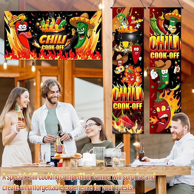 Moukeren 3 Pcs Chili Cook off Decorations 47.24 x 11.81 Inch Chili Cook off Hanging Porch Sign Hot Pepper Contest Banner 39.37x19.69 Inch Mexican Fiesta Cooking Party Supplies