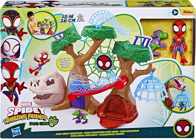 Marvel Spidey and His Amazing Friends Dino-Webs Treehouse Playset, Spider-Man & Goblin Raptor 4-Inch-Scale Action Figure Set, Ages 3 & Up