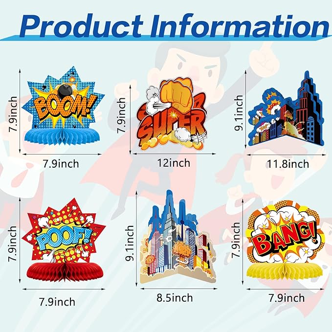 10 Pieces Hero Themed Party Decoration Hero Themed Honeycomb Centerpieces 3D Table Topper Paper Large Word Action Sign Standing Cards for Birthday Baby Shower Decor Party Supplies