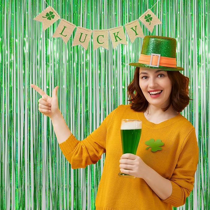 Melsan Green Fringe Backdrop Tinsel Foil Curtains for Dinosaur Jungle Birthday Party Decorations, 3.2ft x 8ft Streamer Photo Backdrop for Christmas, Football Event, Pack of 2