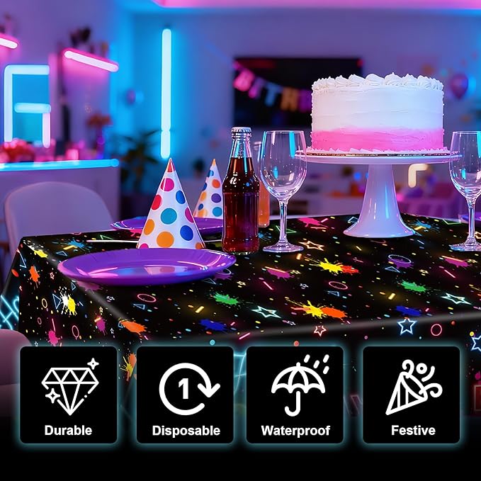 Kochorie 2 Pack Glow in The Dark Birthday Tablecloth 54 x 108 Inch Neon Disposable Plastic Table Cover Graffiti Paint Glow Table Cloths for Black Light Party, Let's Glow Birthday Decorations