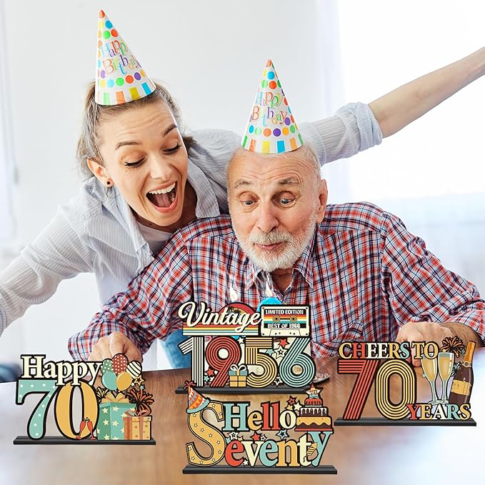 70th Birthday Decorations for Men Women - Colorful Hello Fifty Birthday Wooden Centerpieces Table Decor, Vintage 1956 Table Topper Sign, Cheers to 70 Years Old Bday Party Decor Supplies