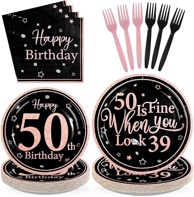 96Pcs 50th Black and Pink Birthday Party Supplies 50 Is Fine When You Look 39 Plates and Napkins Black and Pink Theme Tableware Set for Women 50th Birthday Party Decorations Serves 24