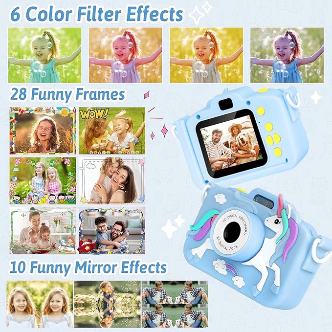 Unicorn Camera for Kids - Toddler Digital Selfie Camera with Silicone Cover, Flash and 32GB SD Card - Children Toy HD Video Kids Camera for Girls and Boys 3-12 Years Old - Blue