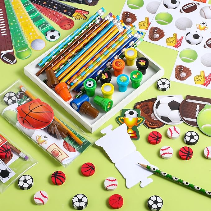 168 Pcs Sports Party Favors Sports Theme Party Supplies Football Basketball Baseball Soccer Stationery Set Notebook Sticker Stamper Eraser Ruler Pencil for Baby Shower Birthday Gift Prize