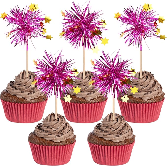 30 PCS Foil Firework Cupcake Toppers Happy Birthday Star Cupcake Picks Sparkle Tinsel Drink Stirrers Cocktail Fruit Toothpicks for Valentine's Day Wedding Birthday Party Decorations Supplies Purple