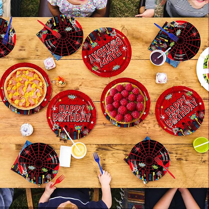 Grencian 96Pcs Cartoon Spider Birthday Party Decorations Red Blue Spider Birthday Plates and Napkins Disposable Hero Paper Tableware Set for Kids Baby Shower Super Theme Party Supplies, Serves 24