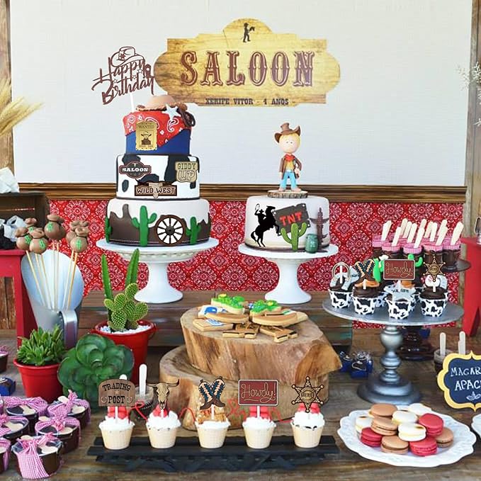 16 Pcs Cowboy Cake Toppers Glitter Cowboy Hat Cake Decorations Western Theme Happy Birthday Party Decoration for Boys Girls , Cowboy Birthday Sign Birthday Decor Party Decor Party Supplies