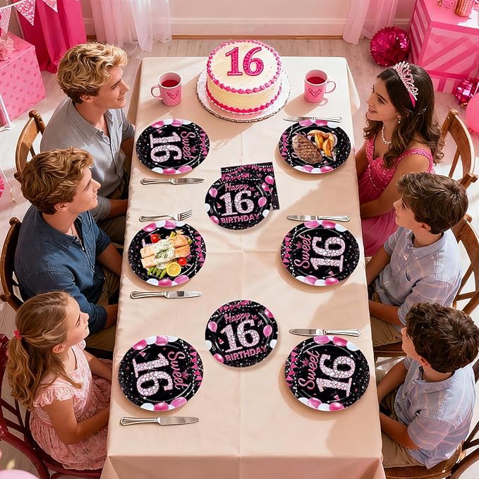 96Pcs 16th Birthday Party Supplies Black and Hot Pink Plates Forks and Napkins Diamond Sweet Sixteen Disposable Paper Tableware Set for Girls 16 Years Old Birthday Party Supplies Serves 24