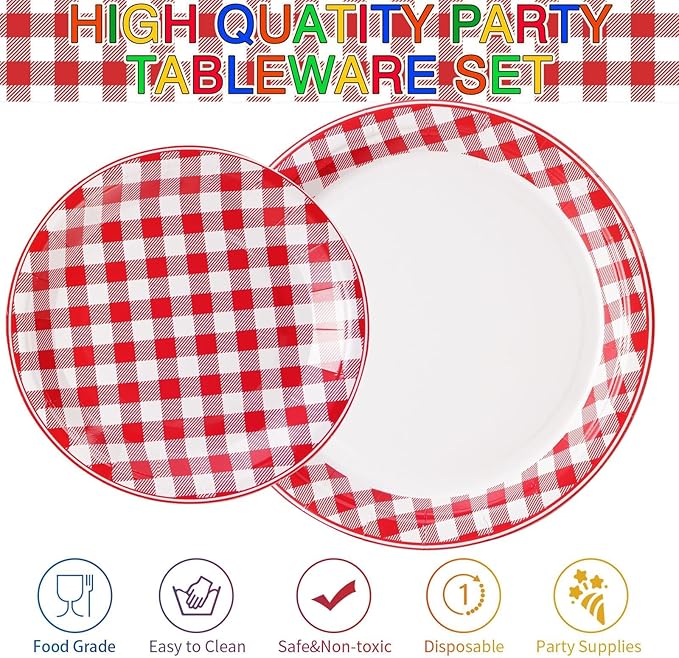 96 Pcs Red Gingham Party Decorations Red and White Buffalo Checked Plaid Plates and Napkins Disposable Gingham Tableware Sets for Summer Pizza BBQ Picnic Baby Shower Birthday Party Supplies Serves 24