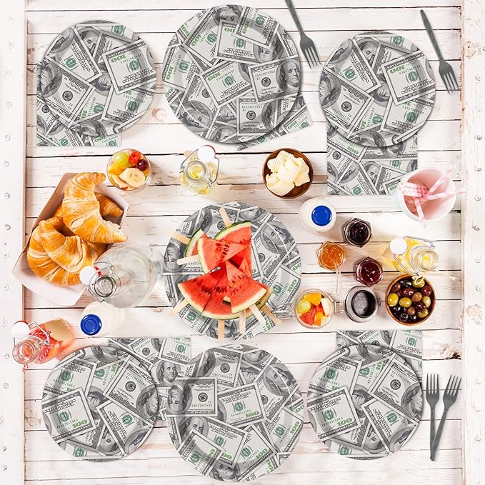 96 Pieces Money Hundred Dollar Bills Supplies One Hundred Dollar Birthday Party Tableware Set Bill Dinnerware Decorations for Adult Teens Kids Dollars Bill Disposable Paper Goods 24 Guests