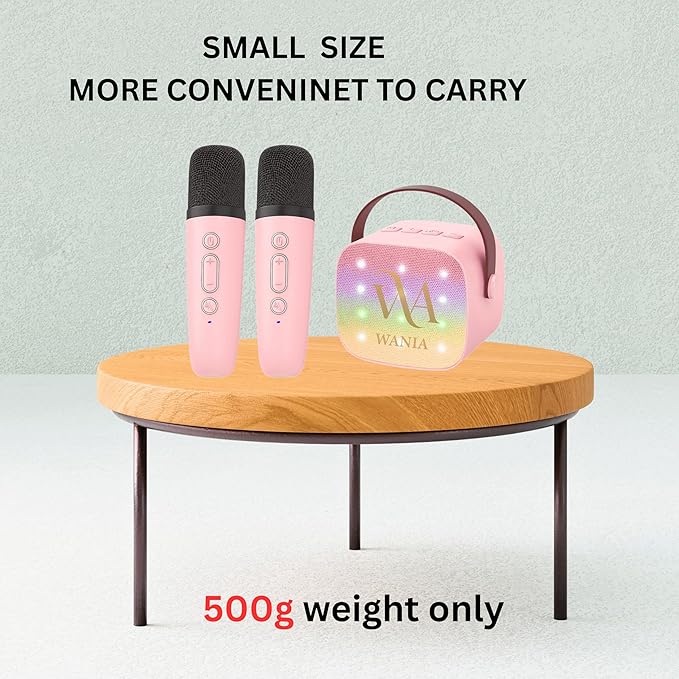 WANIA Mini Karaoke Machine for Kids and Adults - Portable Bluetooth Speaker with 2 Wireless Microphones, Rechargeable Music Player with LED Lights, Voice Effects, Gift for Ages 3, 4, 5-12+