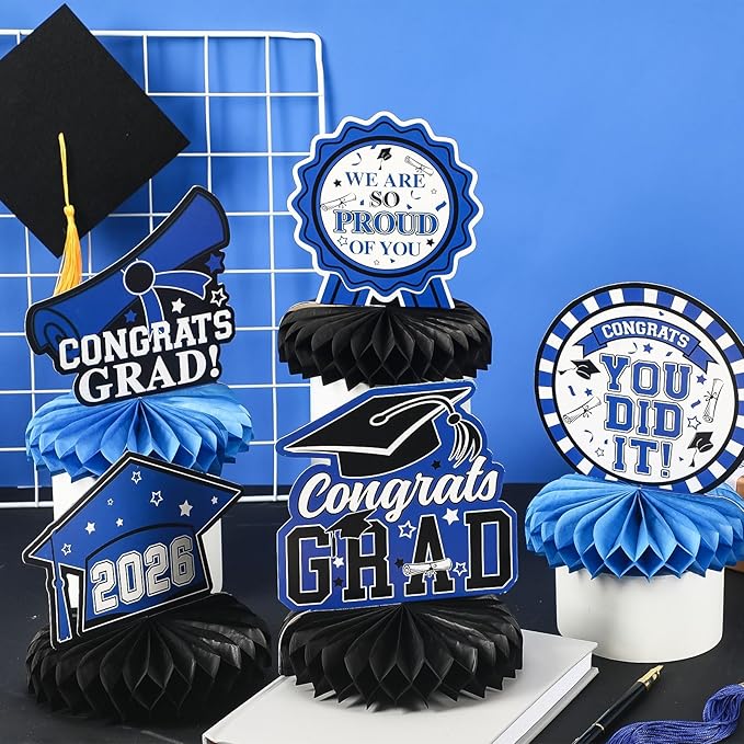 10 PCS Graduation Party Decorations Class of 2026,Blue and Black Congrats Grad Honeycomb Centerpiece Congratulate Graduation Table Topper Decor for Graduation Party Favor Supplies