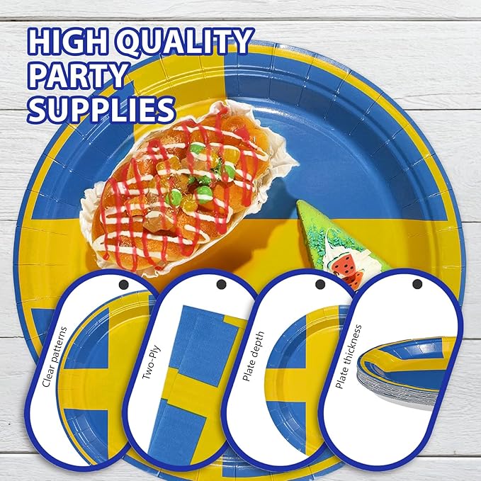 96 Pcs Sweden Flag Themed Party Decorations Disposable Swedish Paper Plates and Napkins Sweden Themed Tableware Set for Country Decoration School Sports Events Party Supplies, Serves 24
