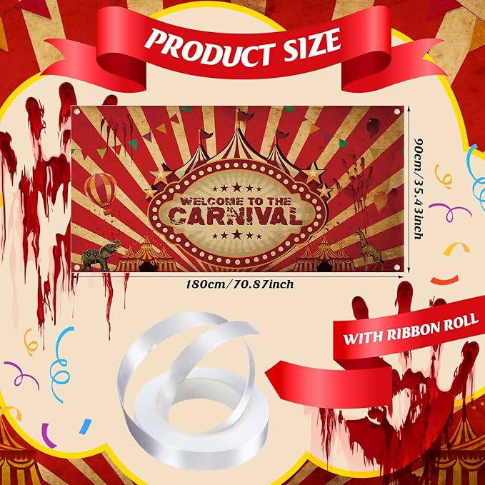 Halloween Welcome to The Carnival Banner Carnival Outdoor Decorations Circus Party Supplies Background for Vintage Circus Theme Party Decorations Birthday, 71 x 35 Inch