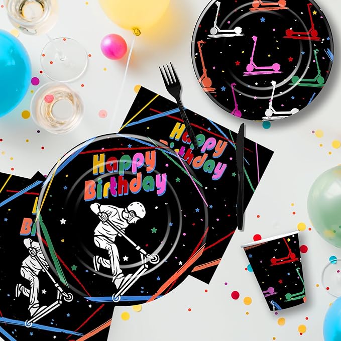 Scooter Birthday Decorations Tableware, Scooter Skating Party Supplies for Birthday Baby Shower, Paper Plate, Cup, Napkin, Disposable Cutlery | Serves 24