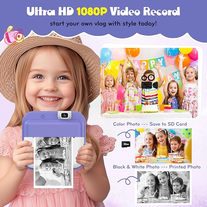Kids Camera Instant Print with Flip Lens, Digital Camera Print Photos for Toddler Toys, HD Camcord 1080P Video, Portable Travel Toys Birthday Gift for 4 5 6 7 8 9 10 Years Girls Boys Purple