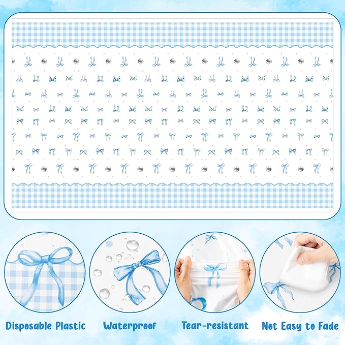 Blue Bow Party Tablecloths - 3Pcs Watercolor Blue Bow Birthday Table Cover, Disposable Plastic Rectangular Table Cloth Party Decorations for Birthday Baby Shower Wedding Supplies