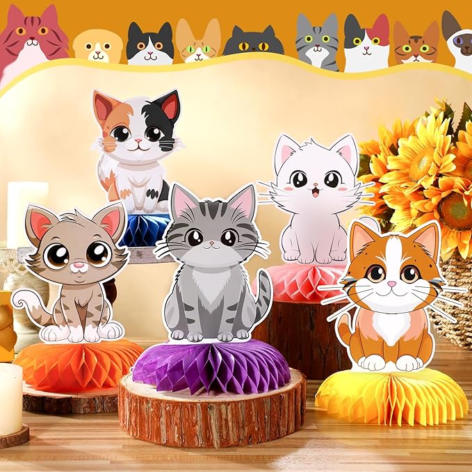 Pickmesh 12 Pcs Cat Birthday Party Decoration Honeycomb Centerpieces Kitten Table Centerpieces Cats Table Topper 3D Double Sided Kitten Decoration for Birthday Pet Theme Party Favors Supplies