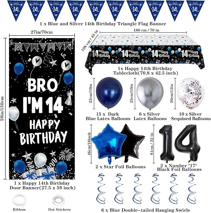 14th Birthday Decorations for Boys Girls, Dark Blue 14 Year Old Bday Decorations with Happy 14th Birthday Banner Backdrop Tablecloth, Party Supplies with 14 Balloon Numbers, Triangle Flag, Foil Stars