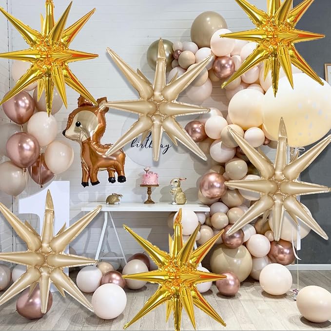 6 Pcs Foil Balloons Gold and Caramel Colour One-Piece 14-Pointed Star Balloon 4D Starburst Cone Mylar Balloon 22inch Christmas Birthday Wedding Party Supplies (Gold + Caramel Colour)