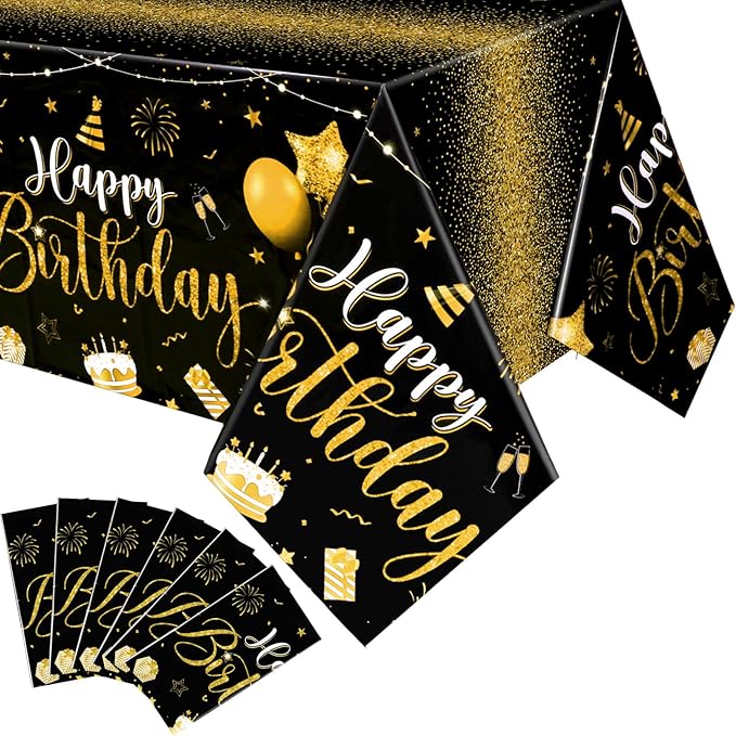 Tudomro 6 Pcs Happy Birthday Tablecloths Happy Birthday Party Decorations Plastic Table Cover Rectangular Cloths for Women Men Baby Shower Party Supplies, 108 x 54 Inch (Black Gold)