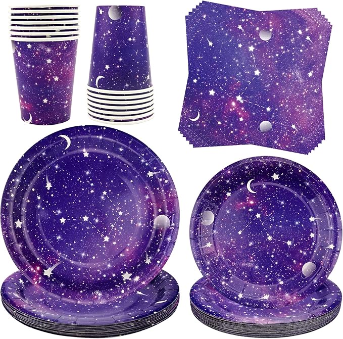 Space Galaxy Outer Party Supplies Tableware Set, Includes 20 9" Paper Plates, 20 7" Plate, 20 9 Oz Cups, 20 Lunch Napkin, for kids Solar System Astronaut Theme Birthday Decoration Serves 20