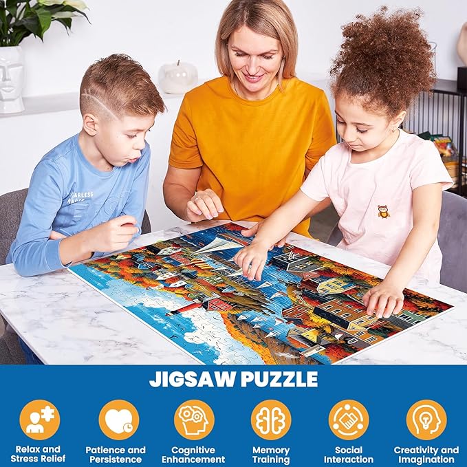 300 Pieces Puzzle for Adults | Town in Autumn Puzzle | Recycled Cardboard Large Piece Jigsaw Puzzles 300 Pieces | Challenging Game Home Decor Birthday Party Gift Toy for Adults Kids Seniors 20.5*15 in
