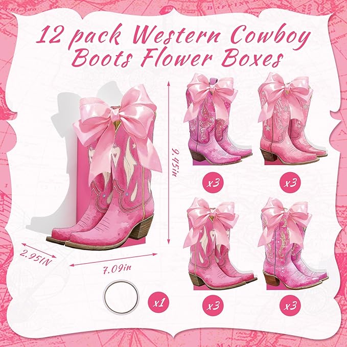 12 Set Pink Western Cowgirl Bow Boots Flower Boxes Centerpiece Boot Shape Gift Boxes Western Party Decoration Vase Centerpiece for Table Boots for Rodeo Birthday Baby Shower Wedding Supplies