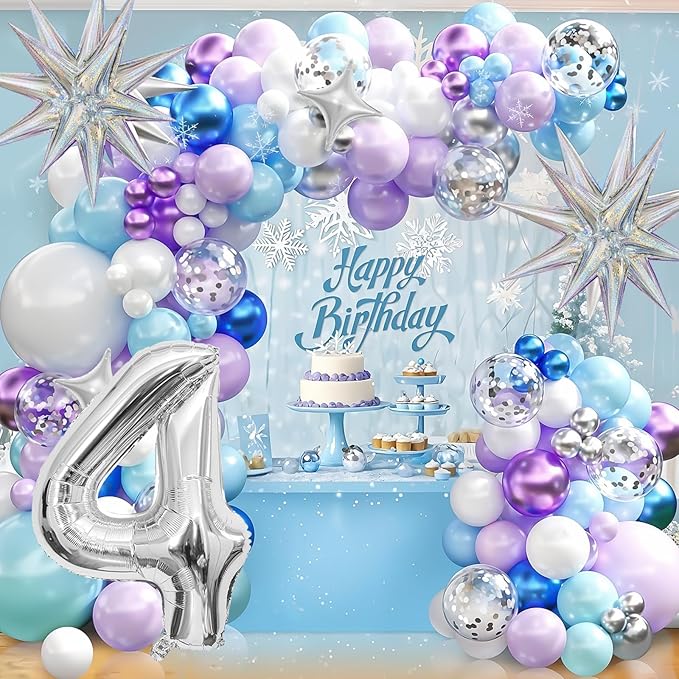 Snow 4th Birthday Decorations Girl, Snowflake Balloon Garland Arch Kit, Laser Explosion Star Balloons, Silver Number 4 Balloon Tower for Baby Shower Girls 4th Snow Theme Party Supplies