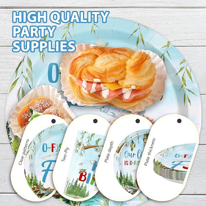 96Pcs Fishing 4th Birthday Party Decorations Gone Fishing Four Paper Plates and Napkins Ofishally Four Disposable Tableware Set for Fisherman Baby Shower 4th Birthday Party Supplies, Serves 24