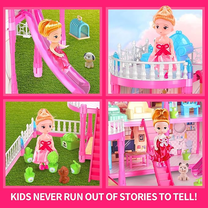 Doll House Toys for Girls, Dollhouse with Glow in The Dark, Kids Doll House Playset with 4-Story 14 Play Areas, 2 Dolls, Toy Dogs, Dollhouse Accessories and Furniture, Princess Toy Gifts
