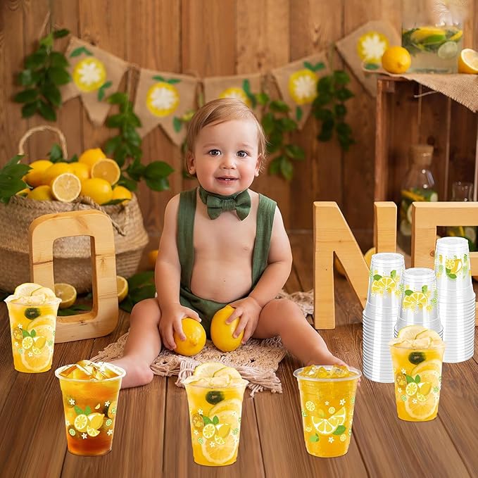 100 Pcs Lemon Plastic Cups,12 oz Yellow Lemon Disposable Clear Plastic Cups Lemons Theme Party Drinking Cup Hawaiian Luau Party Cup for Birthday Wedding Bridal Baby Shower Supplies
