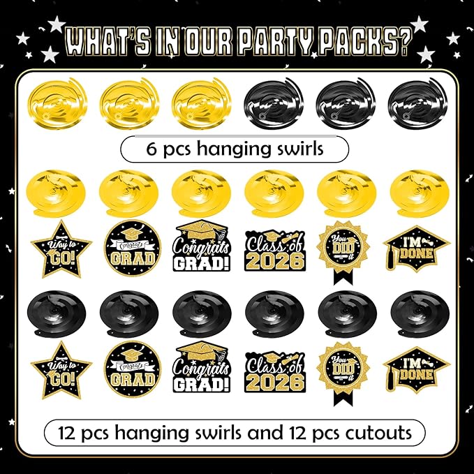 2026 Graduation Party Decorations - 30 Pcs Black Gold Class of 2026 Congrats Grad Hanging Swirl Ceiling Decor for Home School Classroom Graduation Party Supplies