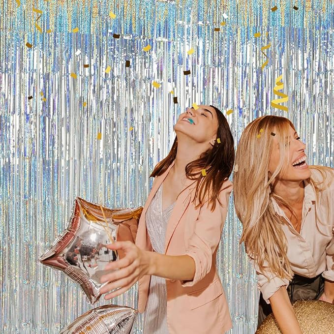 TONIFUL 3Pcs Laser Silver Door Streamers,Laser Silver Photo Booth Backdrop Metallic Streamers Foil Fringe Curtains for Birthday,Christmas,New Year,Bachelorette,Grad Party(9.9ft x 6.6ft)