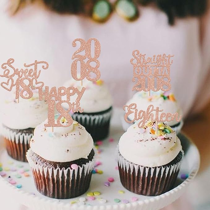 30PCS 18th Birthday Cupcake Toppers Glitter Eighteen Happy 18th Straight Outta 2008 Cupcake Picks for Cheers to 18 Years Birthday Wedding Anniversary Party Decoration Supplies Rose Gold