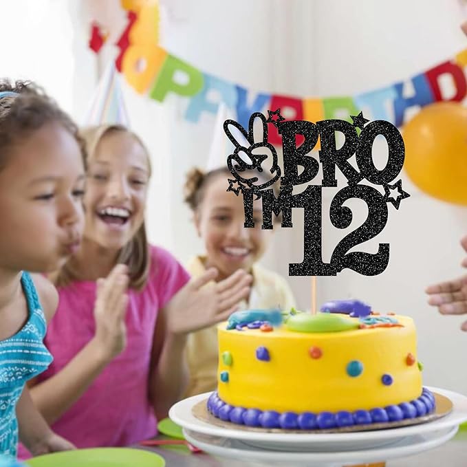 1 PCS Brother I'm 12 Cake Topper Glitter Star Happy 12th Birthday Cake Pick Bro I'm 12 Cake Decoration It's My 12th Birthday Decorations for Boys Cheers to 12 Years Old Birthday Party Supplies Black