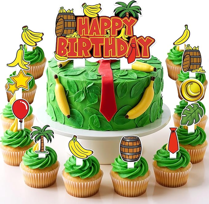 HOMEZZO Jungle Theme Cupcake Toppers Set, 25 PCS Tropical Banana Barrel Picks for Safari Baby Shower Kids Birthday Party Supplies