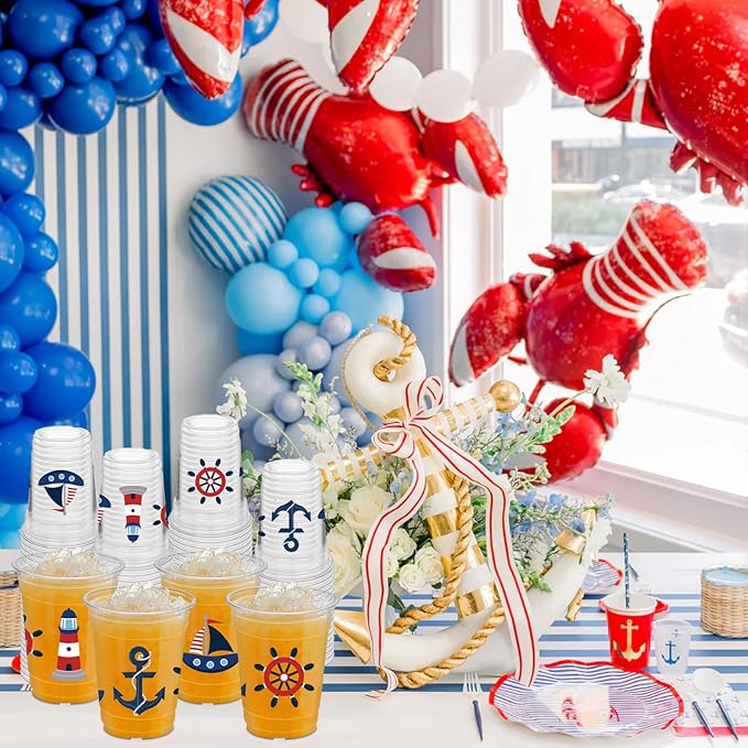 50 Pcs Nautical Cups, 12 oz Nautical Plastic Party Cups for Home Kitchen Birthday Summer Ocean Party Favors Supplies Decoration