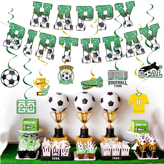 Zwiebeco Black Green White Football Happy Birthday Banner Bunting Hanging Paper Swirls Garland Party Decorations for Boys Girls Kids Adults Soccer Sports Themed Bday Decor Accessories Supplies