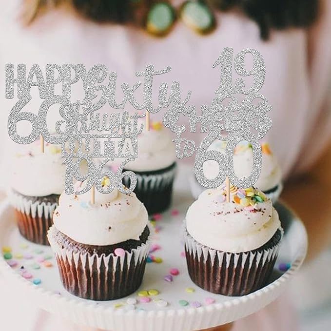 30PCS 60th Birthday Cupcake Toppers Glitter Sixty Happy 60 Straight Outta 1966 Cupcake Picks for Cheers to 60 Years 60th Birthday Wedding Anniversary Party Decoration Supplies Silver