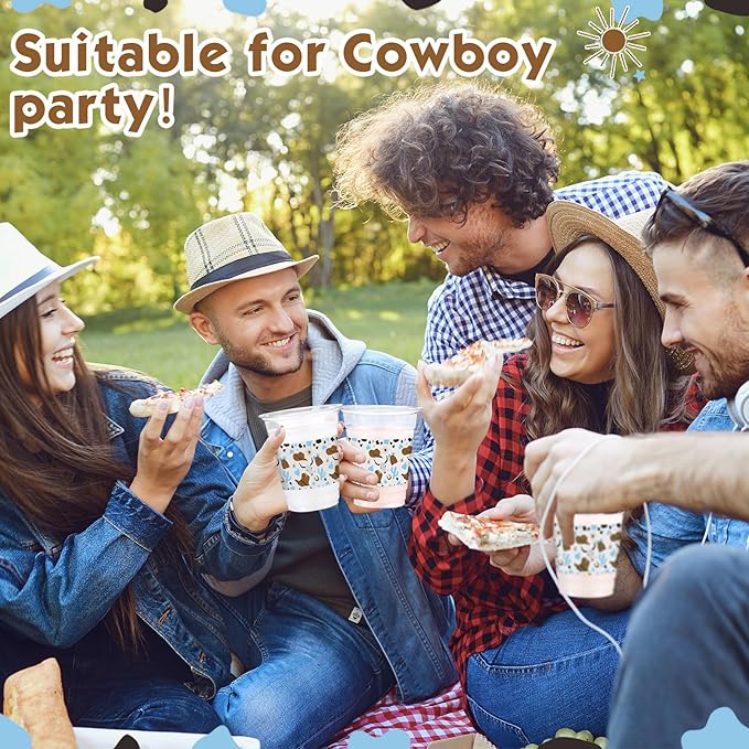 100 Pcs Western Plastic Cups 12 oz Clear Disposable Plastic Cowboy Cowgirl Drinking Cups Bulk for Boho Preppy Baby Shower Birthday Wild West Party Decoration Supplies(Cowboy,Brown and Blue)